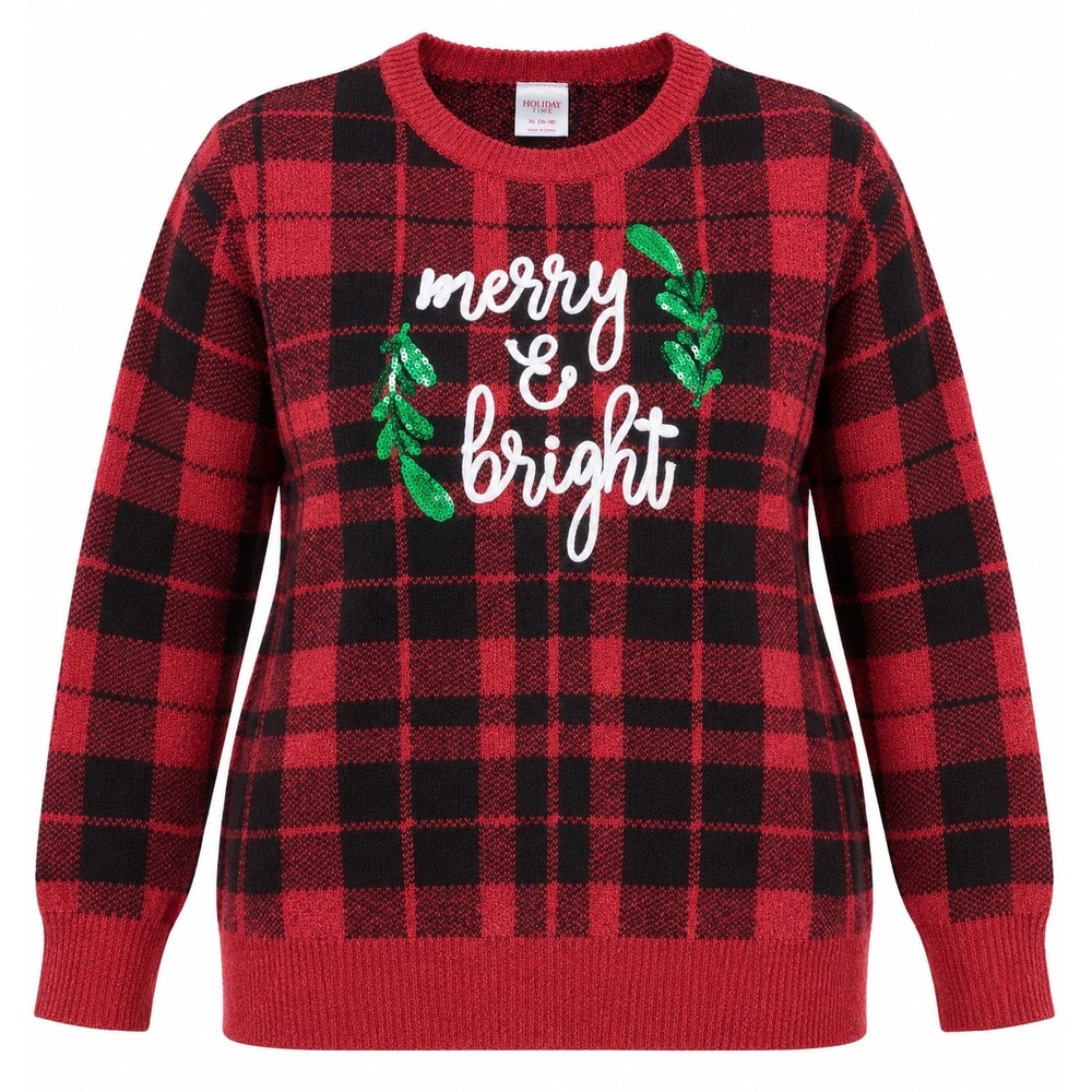 Holiday Time Women's XL Merry & Bright Buffalo Plaid Christmas Sweater